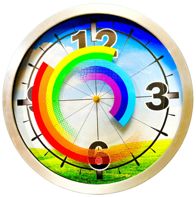 My Rainbow Clock featuring colorful rotating discs by Synergy Clock Co.